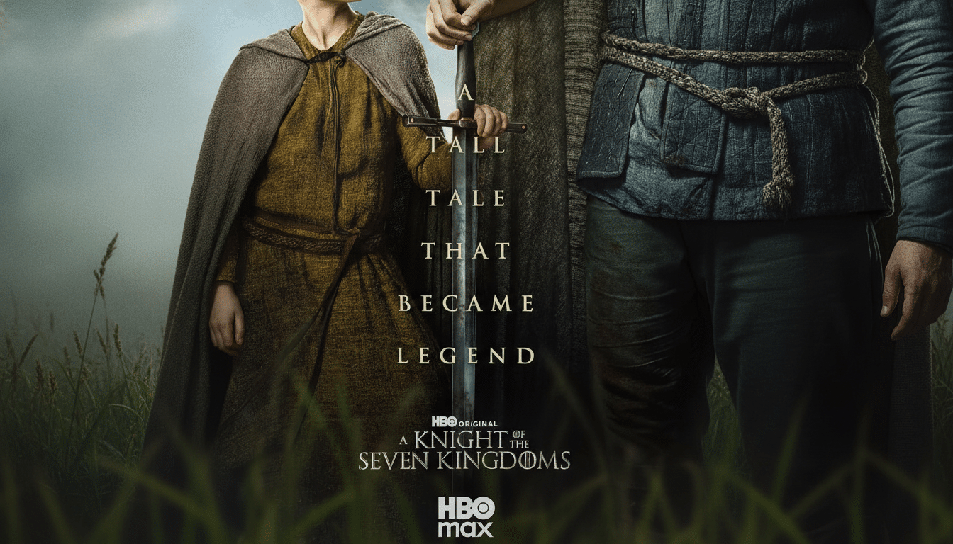 A promotional image for A Knight of the Seven Kingdoms showing a young person in a cloak holding a sword, with another person partially visible, set against a grassy field and sky.