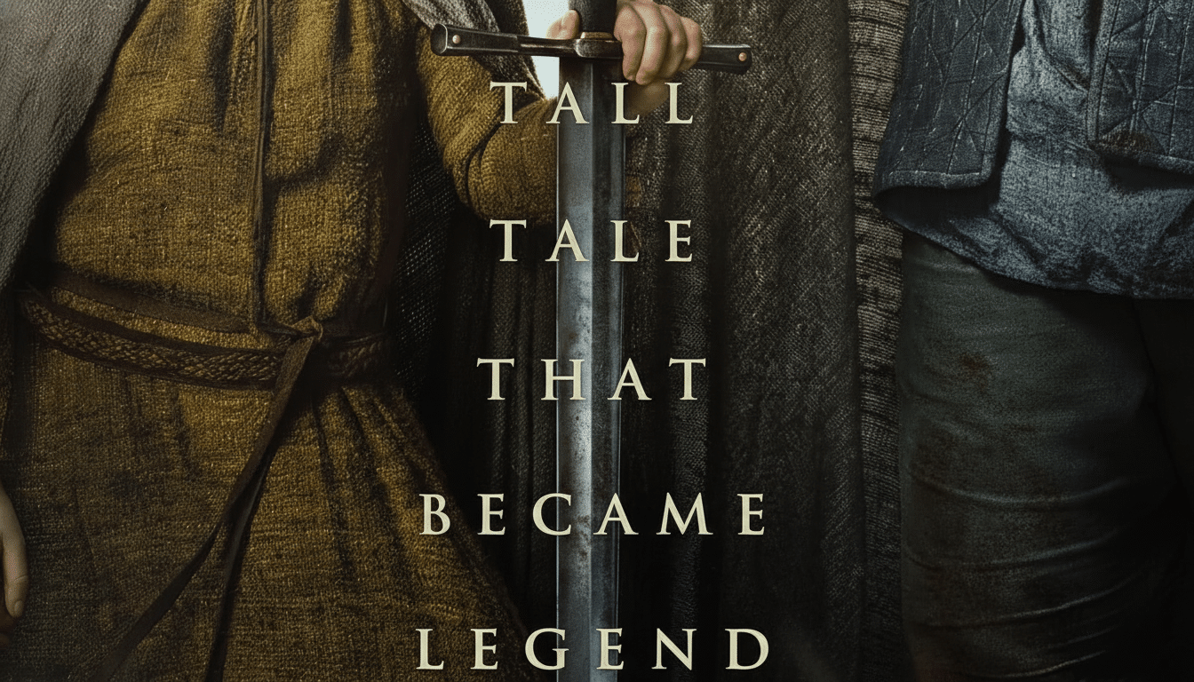 A promotional image for A Knight of the Seven Kingdoms showing a person in a brown tunic and cloak on the left, and another person in grey attire on the right, holding a sword between them. The text A TALL TALE THAT BECAME LEGEND is vertically aligned on the sword.