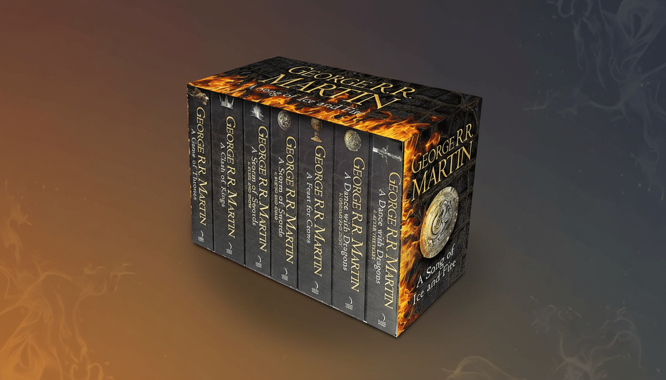 A boxed set of A Song of Ice and Fire books by George R.R. Martin, presented on a professional flat design background with soft patterns and gradients.