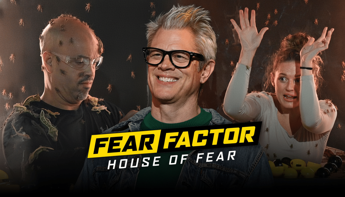 A promotional image for Fear Factor House of Fear featuring three people, one covered in insects, another smiling, and a third with hands raised in fear, all against a dark, insect-filled background.