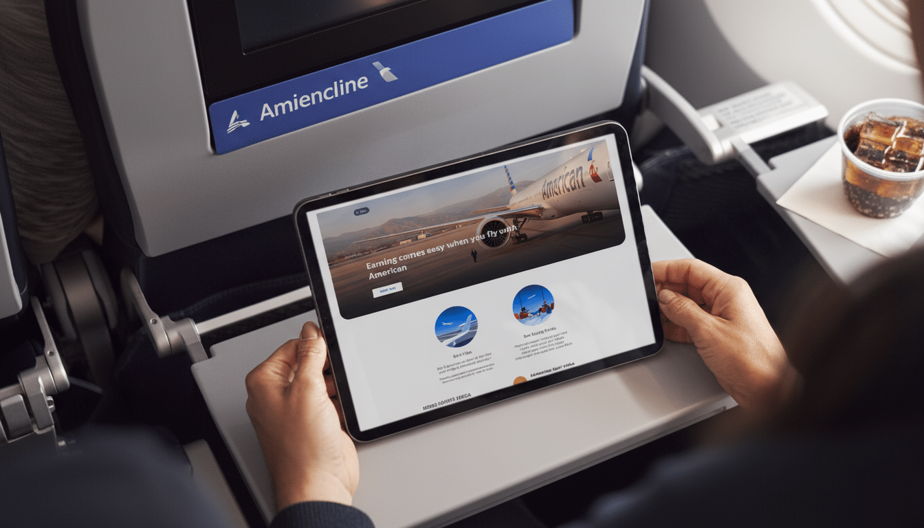 A person holding a tablet displaying the American Airlines website, with an airplane visible on the screen, while seated on an airplane.