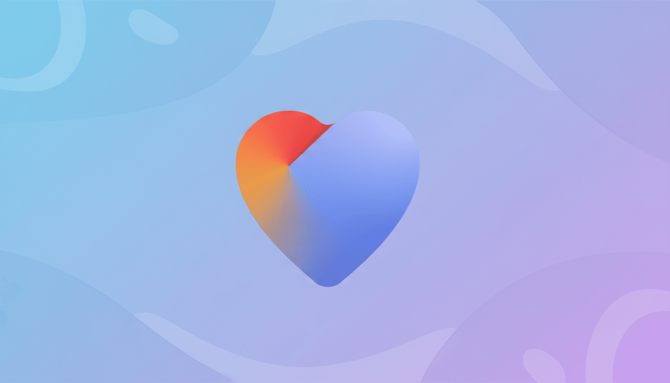 A heart-shaped icon with a gradient from red to orange on the left and blue to purple on the right, set against a professional flat design background with soft blue and purple gradients and subtle wave patterns.