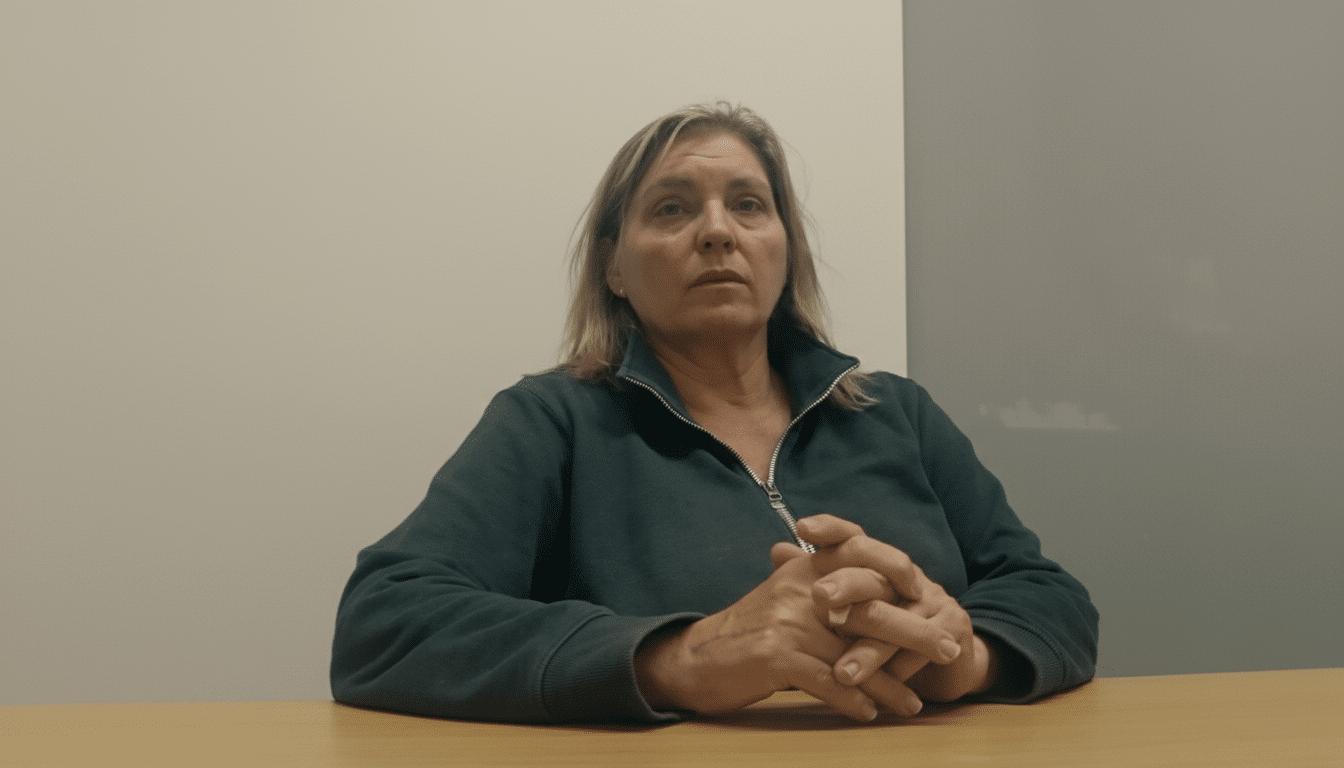 A woman with blonde hair wearing a dark green zip-up top, sitting at a wooden table with her hands clasped.