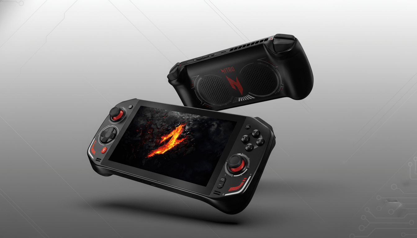A black handheld gaming device with red accents, displaying a fiery image on its screen, is shown from two angles against a professional gray background with subtle circuit board patterns.