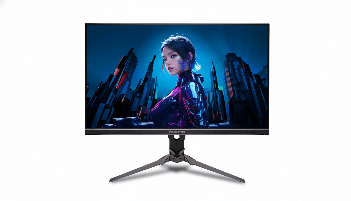 A Predator gaming monitor displaying a futuristic image of a woman with short dark hair and glowing blue and pink accents on her face and clothing, set against a dark, angular cityscape. The monitor is black with a distinctive stand, and the background is white.