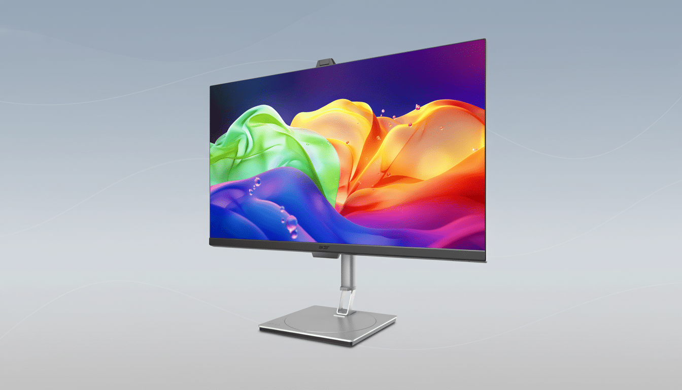 A 16:9 aspect ratio image of an Acer monitor with a colorful abstract display, set against a professional flat design background with soft gray patterns.