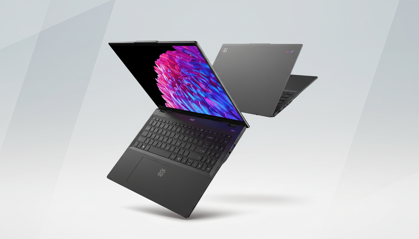 A dark gray Acer laptop with a vibrant, colorful screen display, shown at an angle with another identical laptop in the background, against a professional flat design background with soft gray patterns.