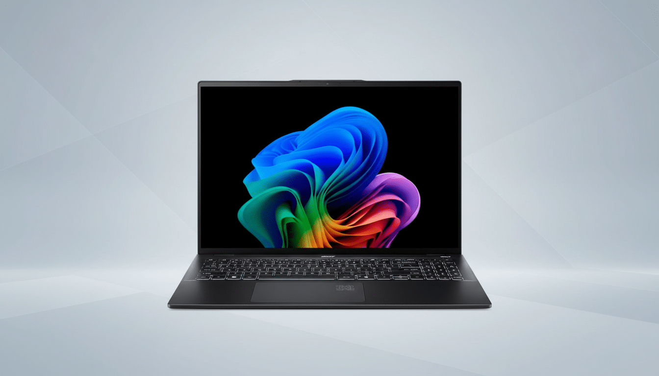 A black laptop with a colorful, abstract wallpaper on its screen, set against a professional flat design background with soft patterns.