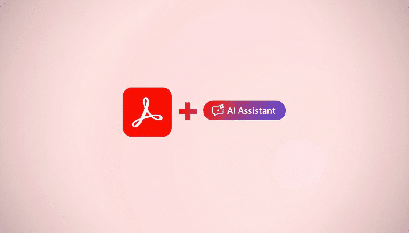 The Adobe Acrobat logo, a white stylized A on a red square, is shown next to a red plus sign, which is next to a purple and red gradient button that says AI Assistant with a chat bubble icon. The background is a soft pink gradient.