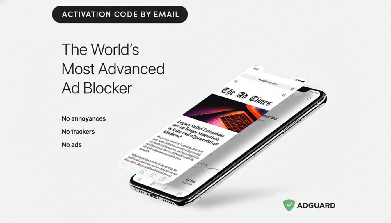 An image promoting AdGuard, an ad blocker, with a smartphone displaying a news article about ad blockers. The text The Worlds Most Advanced Ad Blocker is prominently featured, along with benefits like No annoyances, No trackers, and No ads. The AdGuard logo is in the bottom right corner.