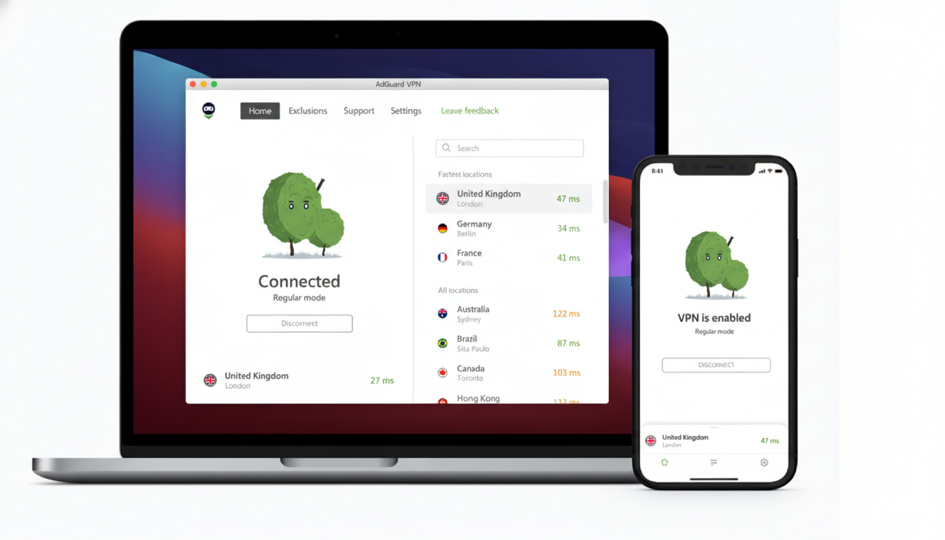 A laptop and a smartphone displaying the AdGuard VPN application, with the laptop showing a connected status and a list of server locations, and the phone showing VPN enabled.