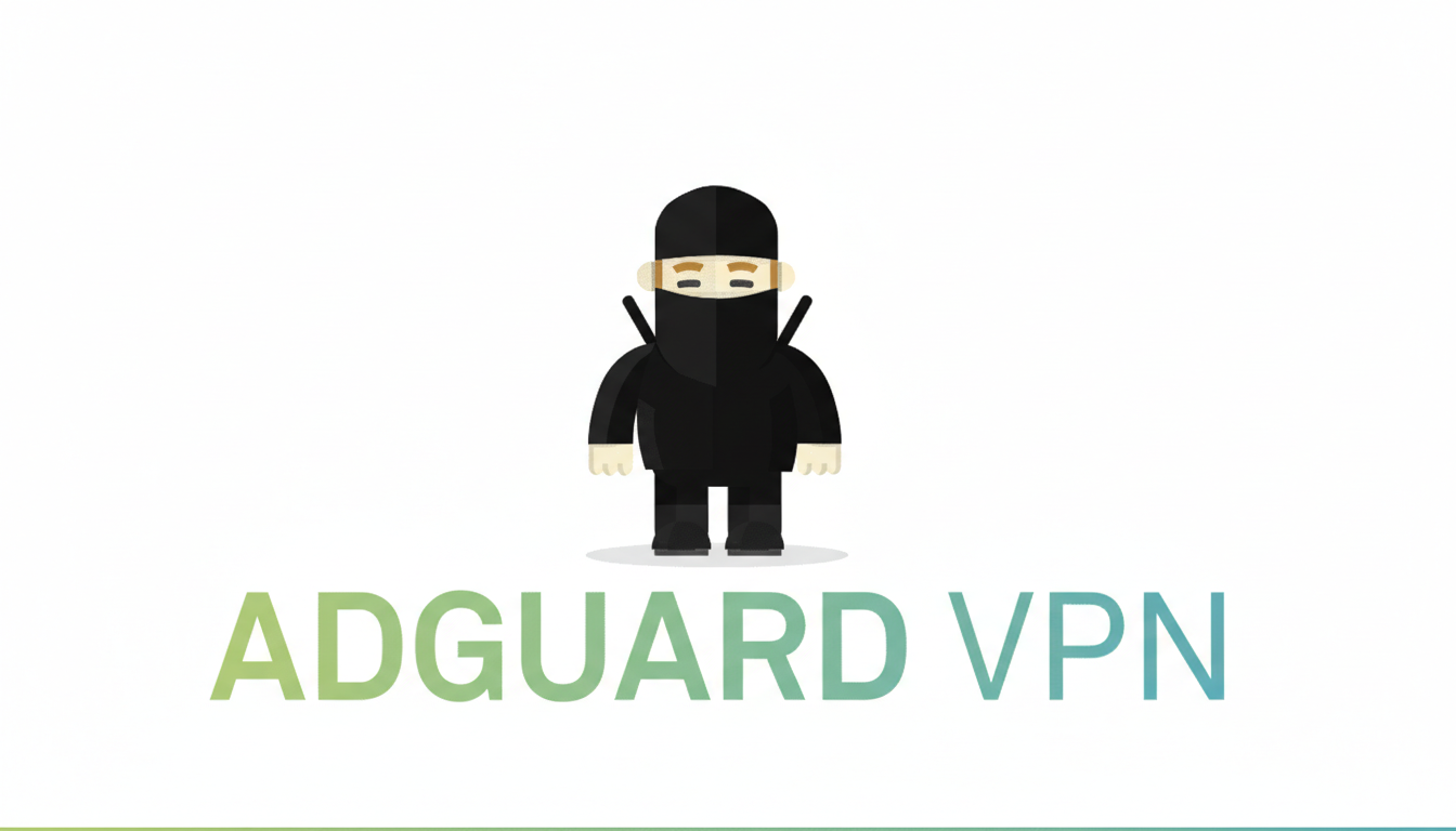 The AdGuard VPN logo, featuring a cartoon ninja character above the text ADGUARD VPN in a gradient of green to blue, set against a white background.