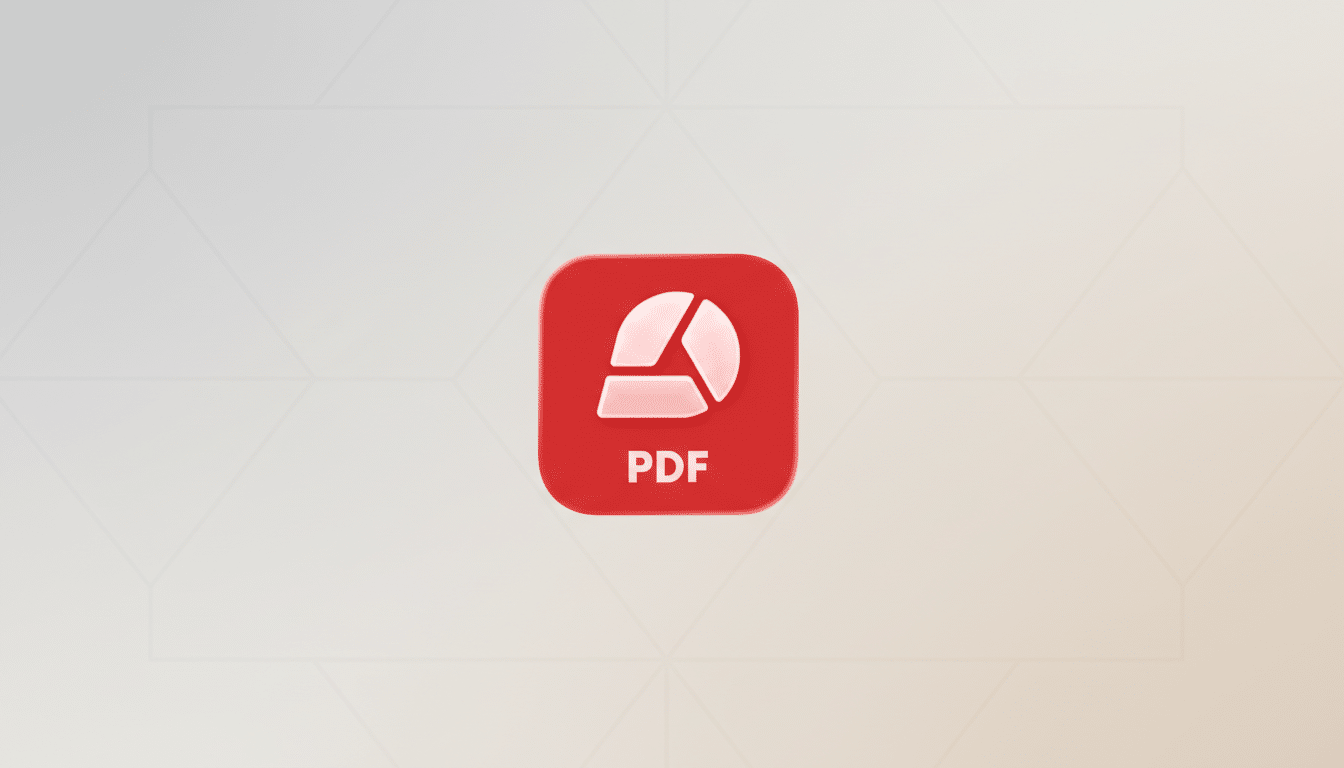 A red square icon with rounded corners, featuring a white abstract triangular design and the word PDF in white text at the bottom, set against a professional flat design background with soft geometric patterns in a light gray and beige gradient.