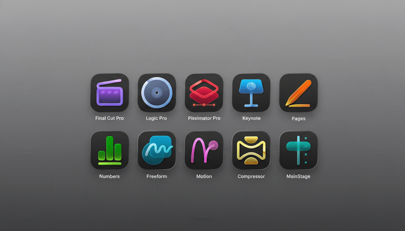 A 16:9 aspect ratio image displaying ten app icons on a professional flat gray background with subtle patterns. The apps include Final Cut Pro, Logic Pro, Pixelmator Pro, Keynote, Pages, Numbers, Freeform, Motion, Compressor, and MainStage.