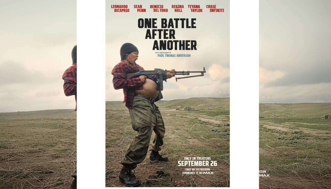 A movie poster for One Battle After Another featuring a man in a plaid shirt and beanie firing a large machine gun in a field.