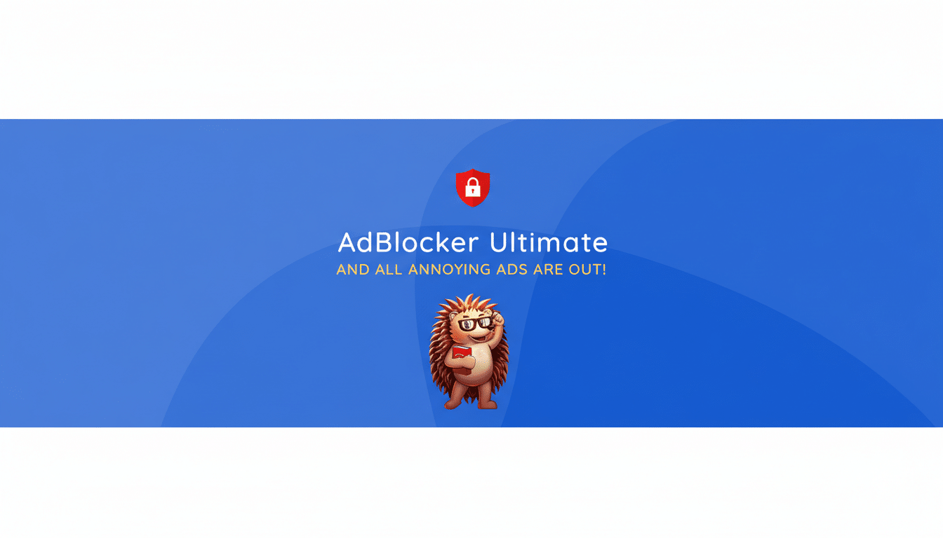 A 16:9 aspect ratio image featuring the AdBlocker Ultimate logo with a hedgehog character, set against a blue background with a subtle wave pattern.
