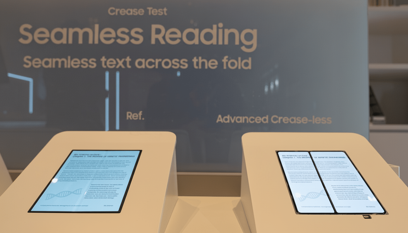 A close-up shot of two white display stands, each featuring a smartphone displaying text. In the background, a large screen shows the words Crease Test, Seamless Reading, and Seamless text across the fold.