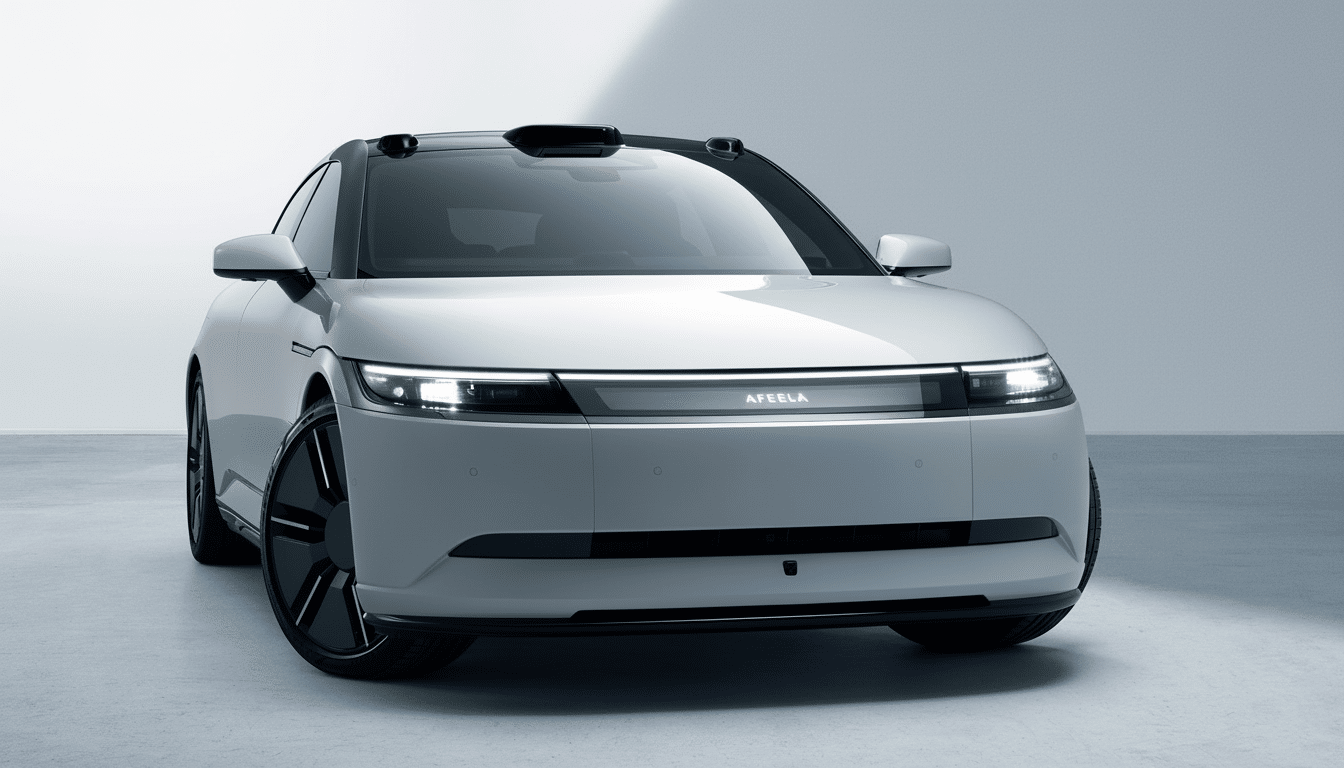 A white Afeela prototype car is shown from the front, with its headlights on, against a clean, light gray background.