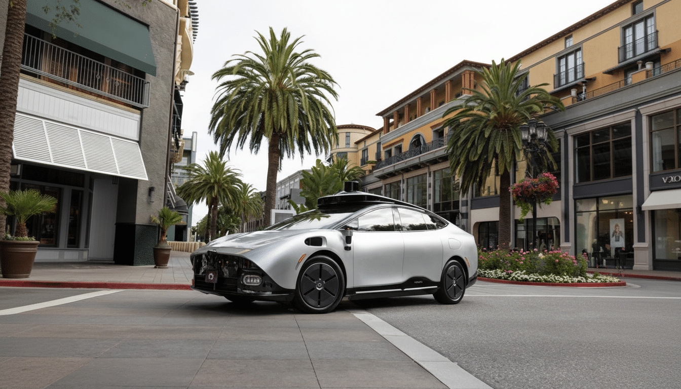 A silver autonomous car parked on a street with palm trees and buildings in the background.
