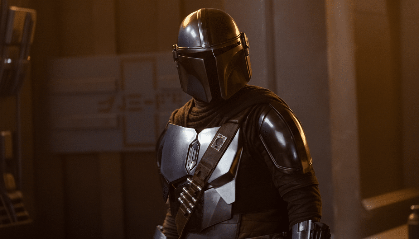 The Mandalorian in his iconic beskar armor, resized to a 16:9 aspect ratio.