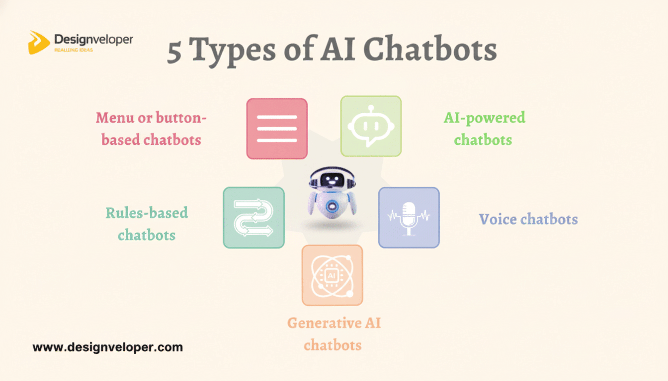 An infographic titled 5 Types of AI Chatbots with a central robot icon surrounded by five colored squares, each representing a chatbot type: Menu or button-based, AI-powered, Rules-based, Voice, and Generative AI. The Designveloper logo and website are at the top left and bottom left, respectively.