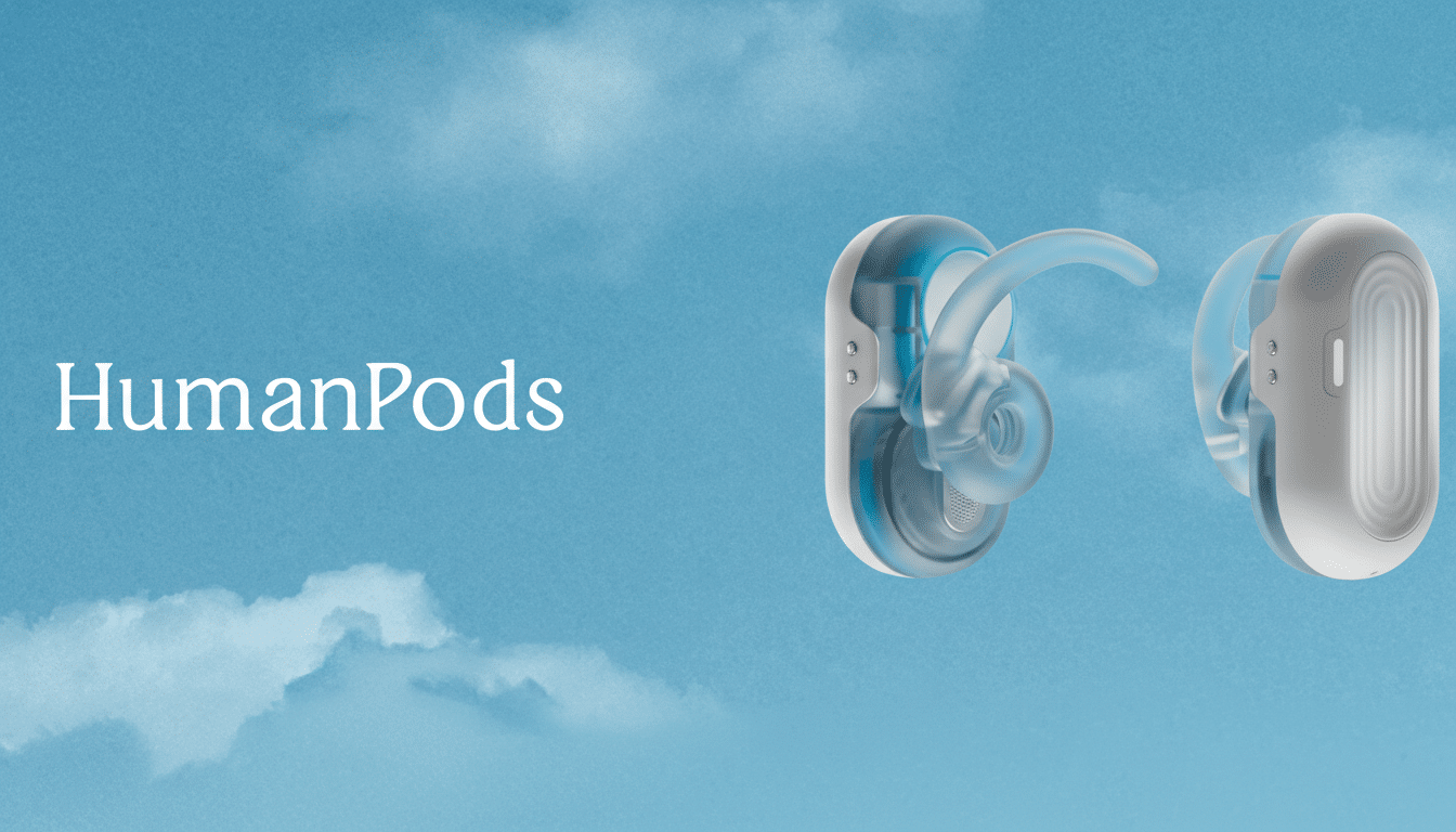 A pair of HumanPods earbuds, one transparent and one opaque white, against a blue sky background with subtle clouds.