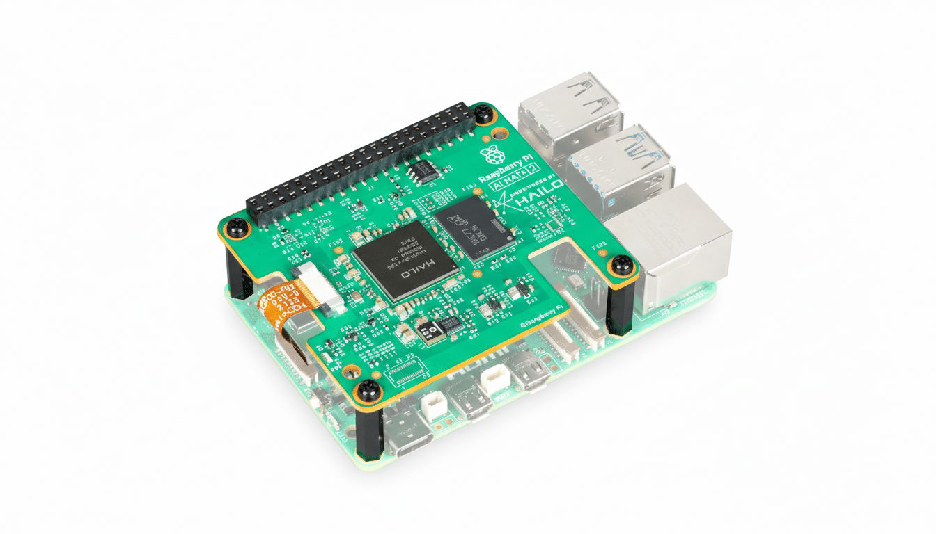 A Raspberry Pi AI HAT+ board with a Hailo-8L M.2 AI acceleration module, shown at a slight angle on a white background.