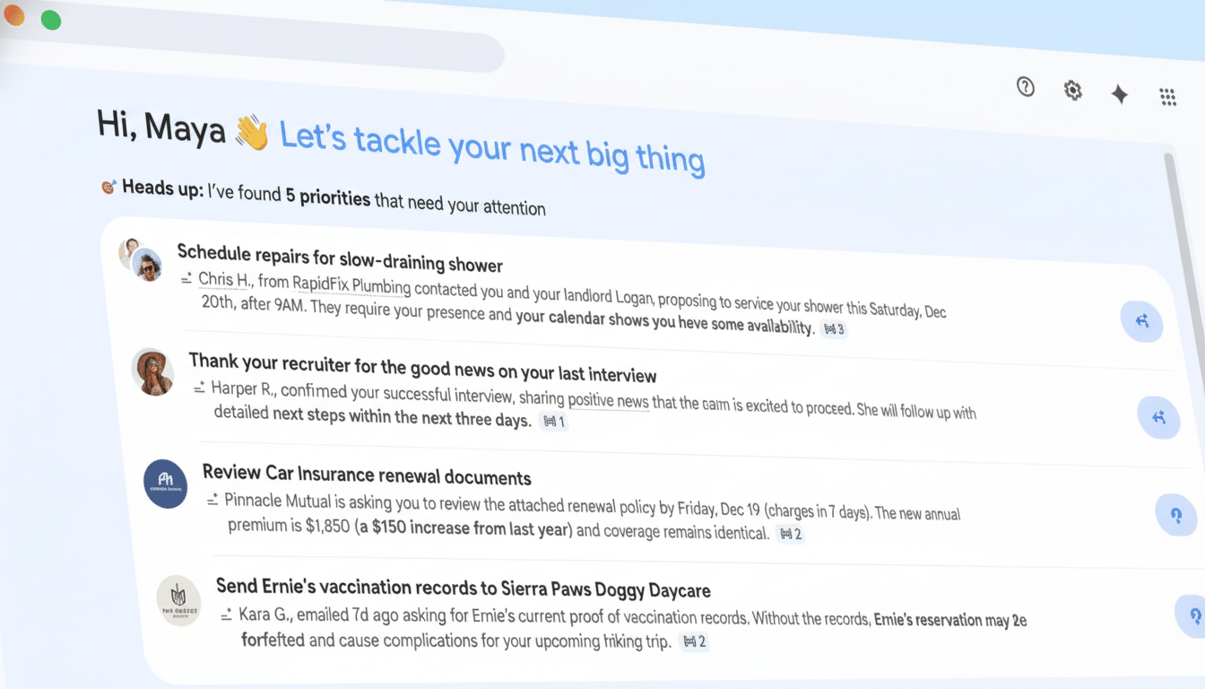 A professional screenshot of an email inbox with five priority messages displayed, resized to a 16:9 aspect ratio.