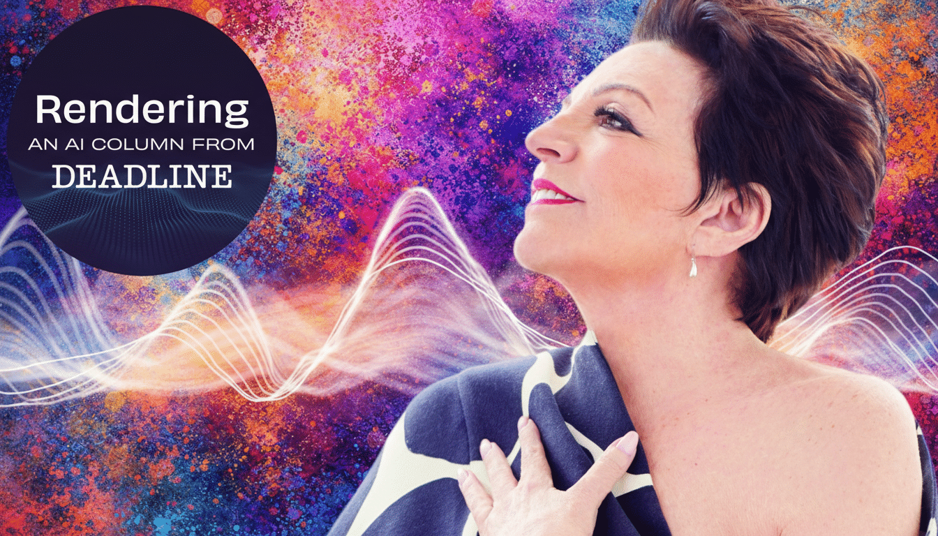 A woman with dark hair and red lipstick, wearing a patterned garment, looks upwards against a vibrant, colorful background with white wave-like lines. A dark circular overlay with the text Rendering AN AI COLUMN FROM DEADLINE is in the upper left corner.
