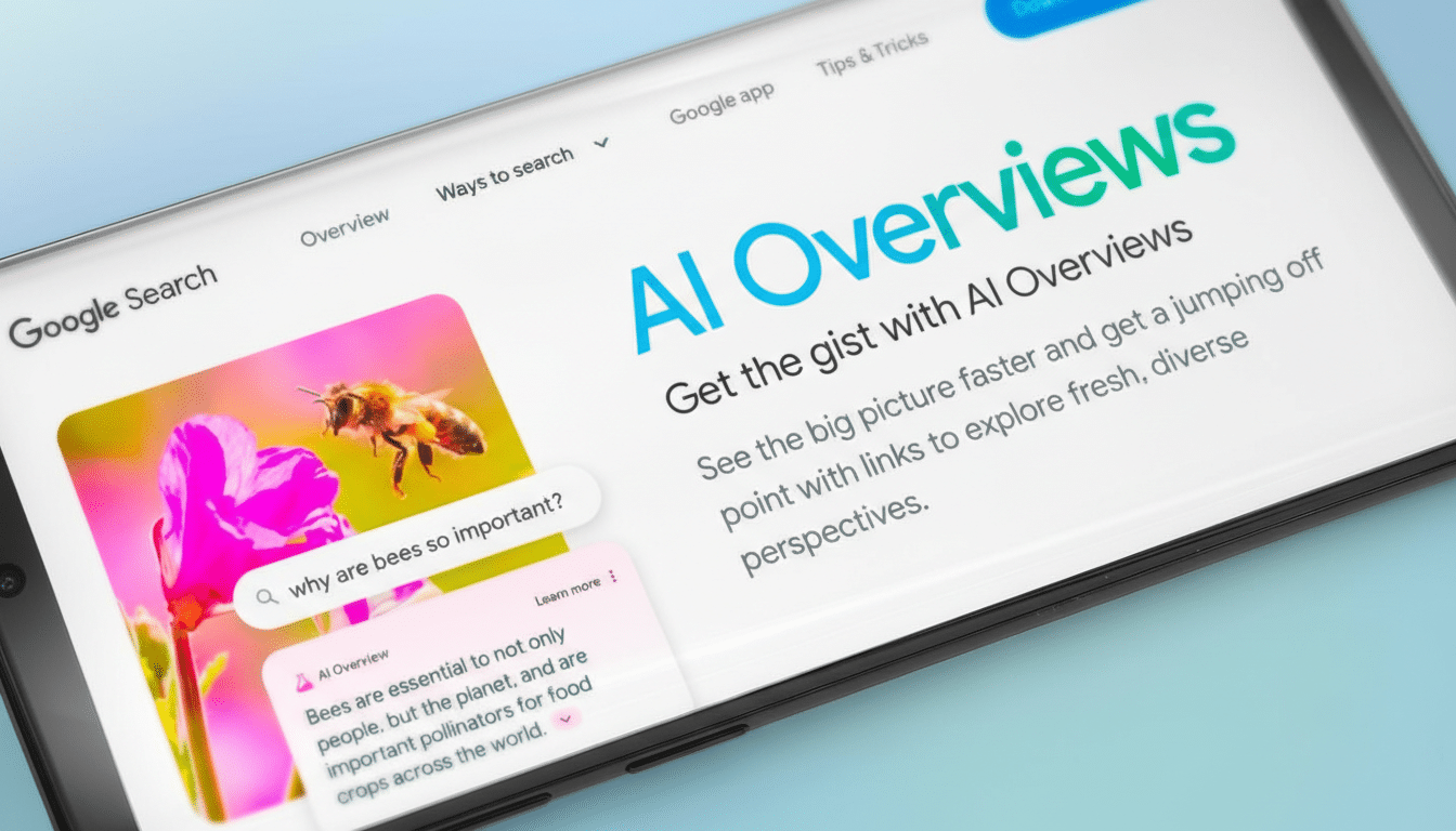A smartphone displaying Googles AI Overviews feature, with a search result about bees and their importance.