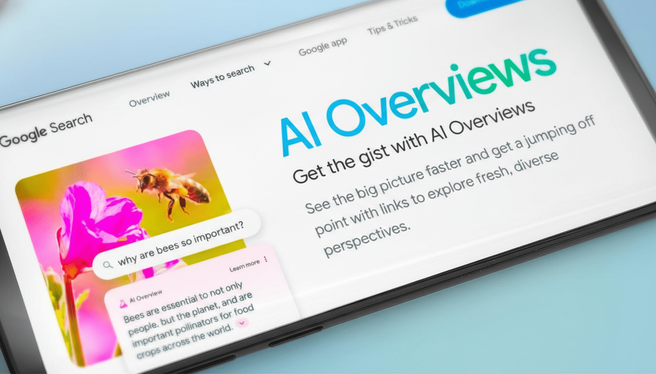 A smartphone displaying AI Overviews on Google Search, with a bee on a pink flower in the search results.