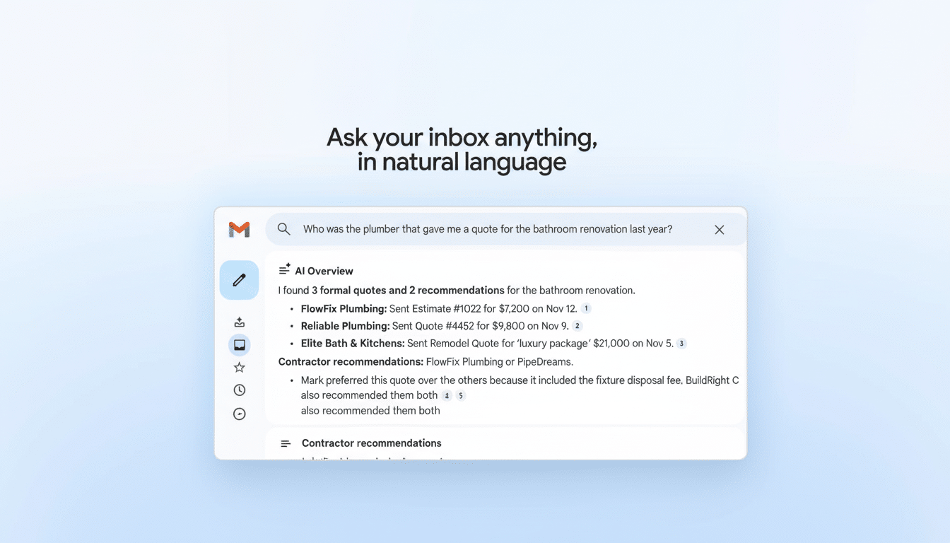 A screenshot of a Gmail interface with an AI overview of plumbing quotes.