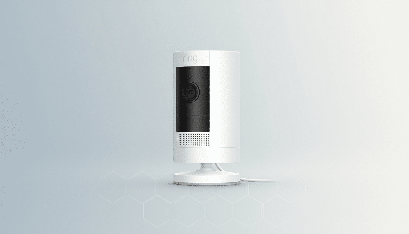 A white Ring security camera with a black face, standing on a white base, against a professional light gray and white gradient background with subtle hexagonal patterns.
