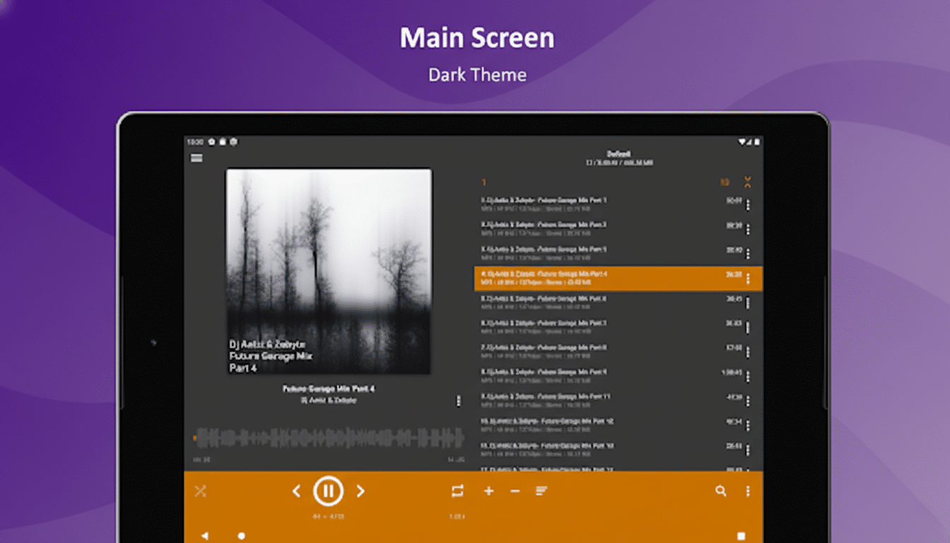 A tablet displaying a music player app in dark theme, showing a playlist and album art with a forest scene. The background is a professional flat design with soft purple gradients.