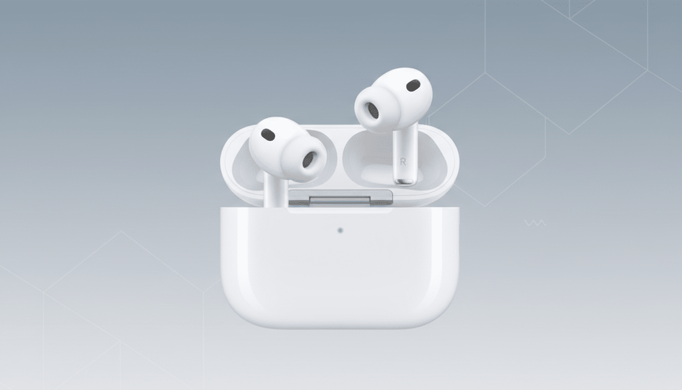 A pair of white wireless earbuds in their open charging case, presented on a professional flat design background with soft gray patterns and gradients.