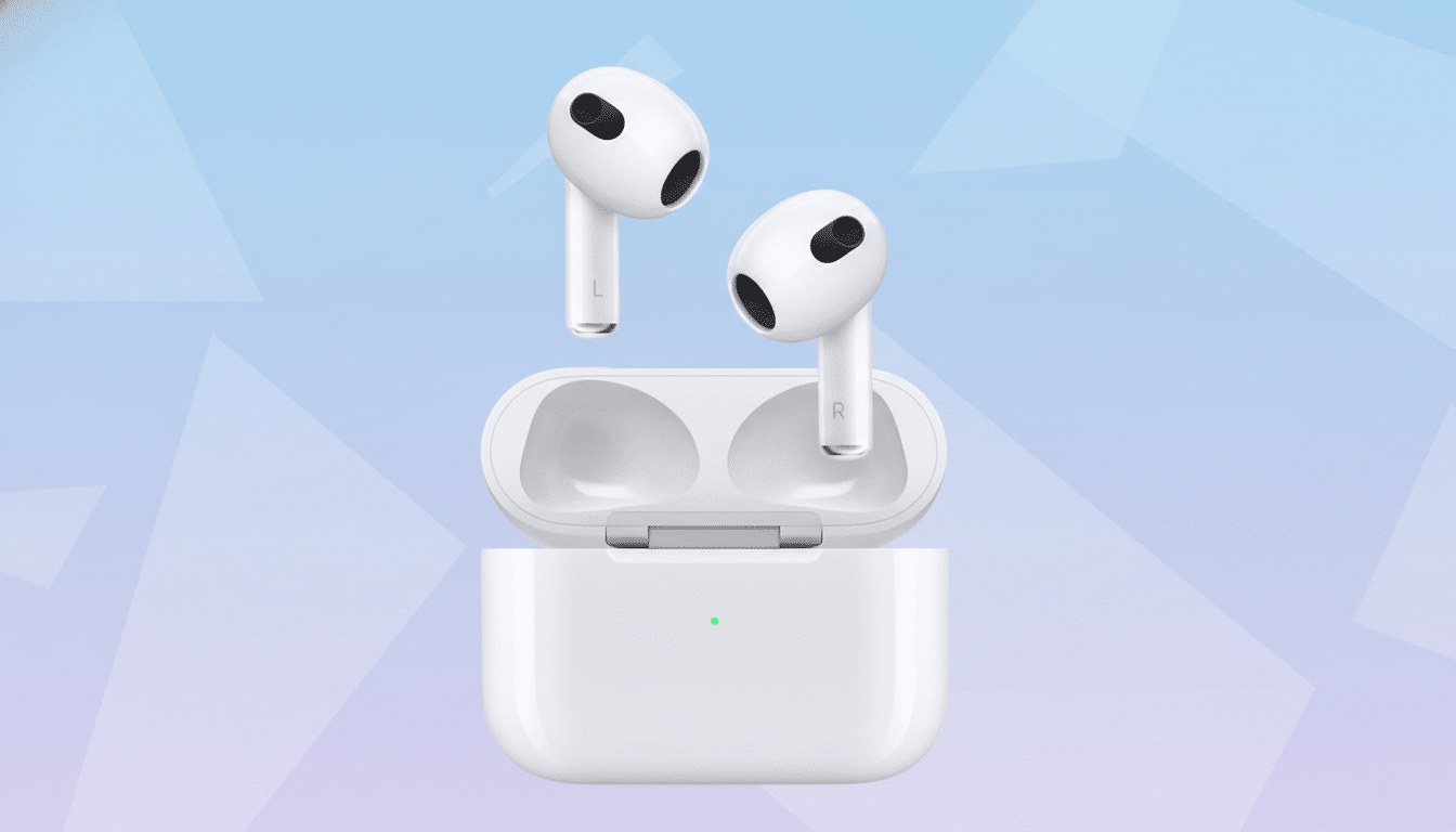 A pair of white Apple AirPods 3rd generation earbuds floating above their open charging case, set against a professional 16:9 aspect ratio background with soft blue and purple gradients and subtle geometric patterns.