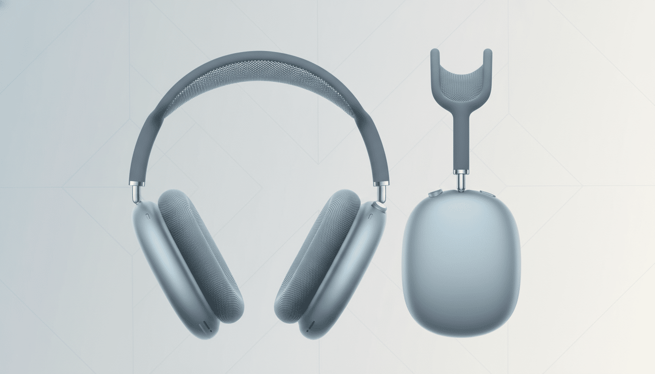 A pair of light blue over-ear headphones and their matching charging case, presented on a professional flat design background with soft patterns and gradients.