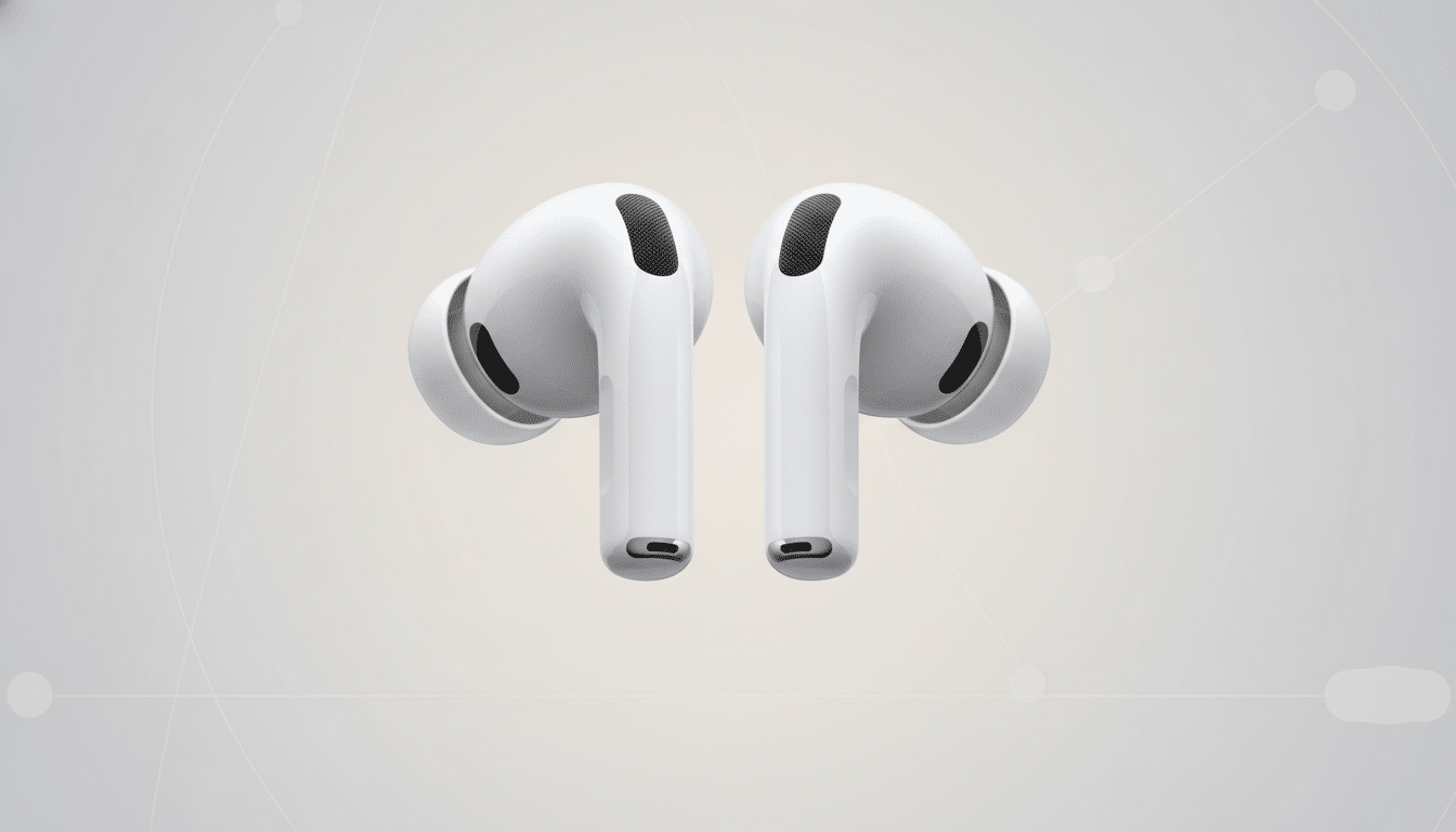 A pair of white wireless earbuds with black accents, presented against a professional flat design background with soft patterns and gradients.