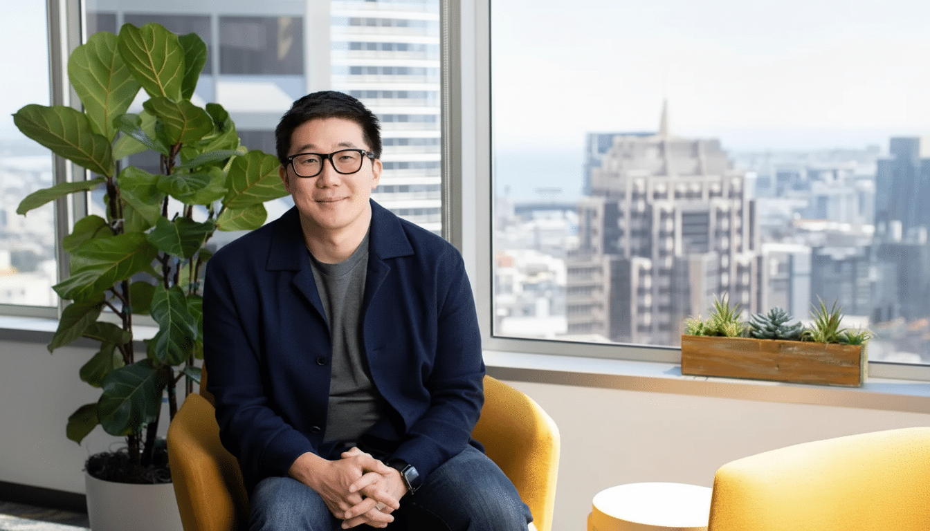 A man in glasses and a dark blue jacket sits in a yellow chair in an office with a city view.