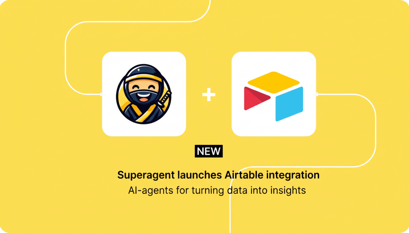 A 16:9 aspect ratio image with a yellow background, featuring two app icons. On the left is a ninja icon, and on the right is the Airtable logo. A plus sign is between them. Below, a black banner reads NEW, and text states Superagent launches Airtable integration AI-agents for turning data into insights.