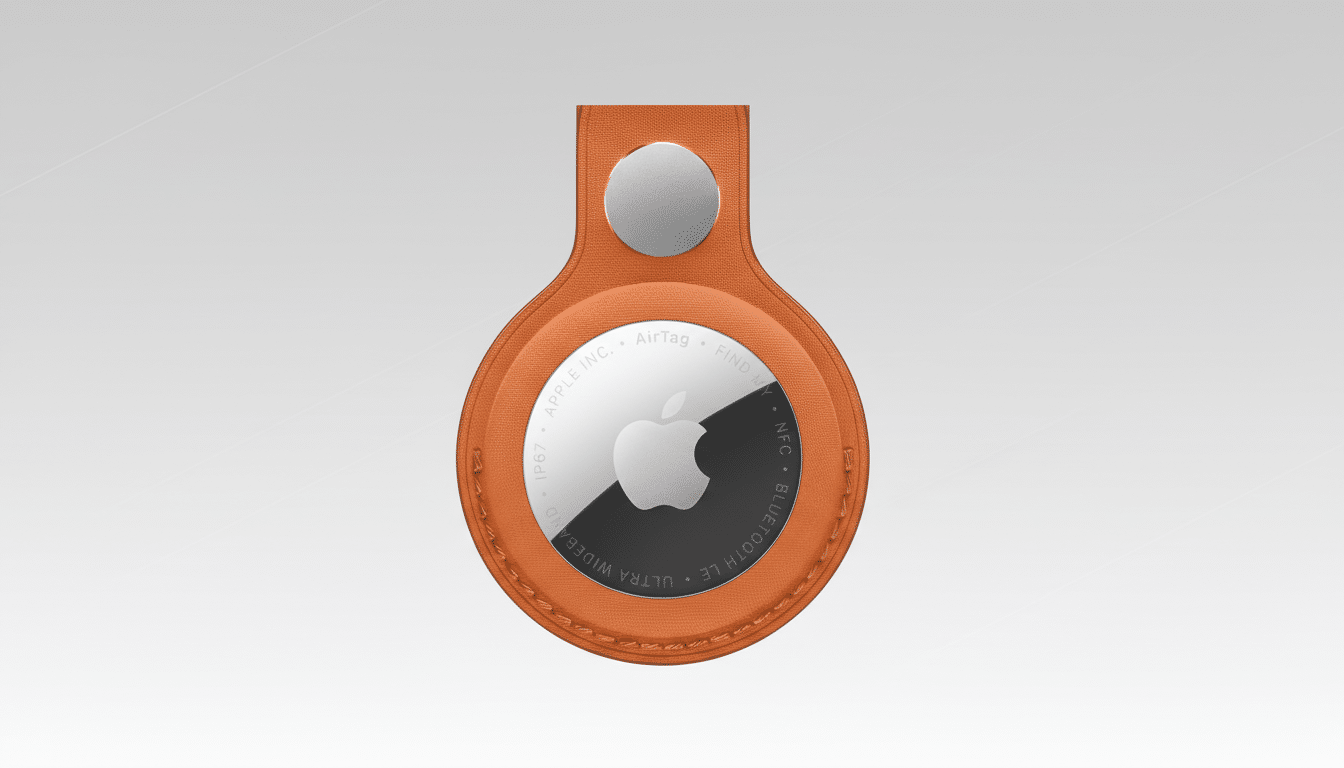 An Apple AirTag in an orange leather loop, presented on a professional flat design background with a soft gradient.