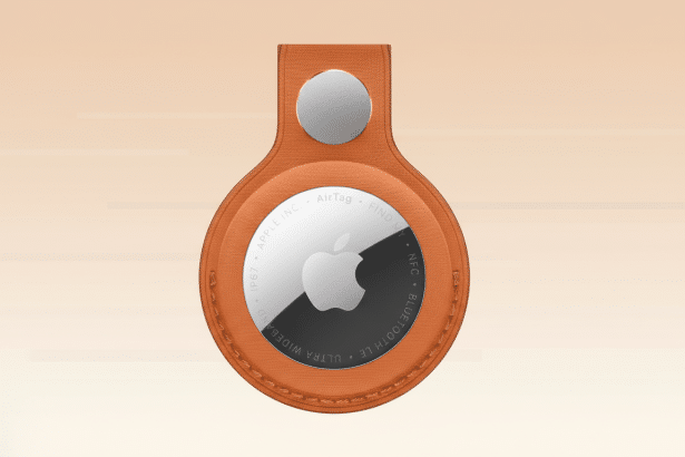 An Apple AirTag in an orange leather loop, presented on a professional flat design background with soft patterns and gradients.