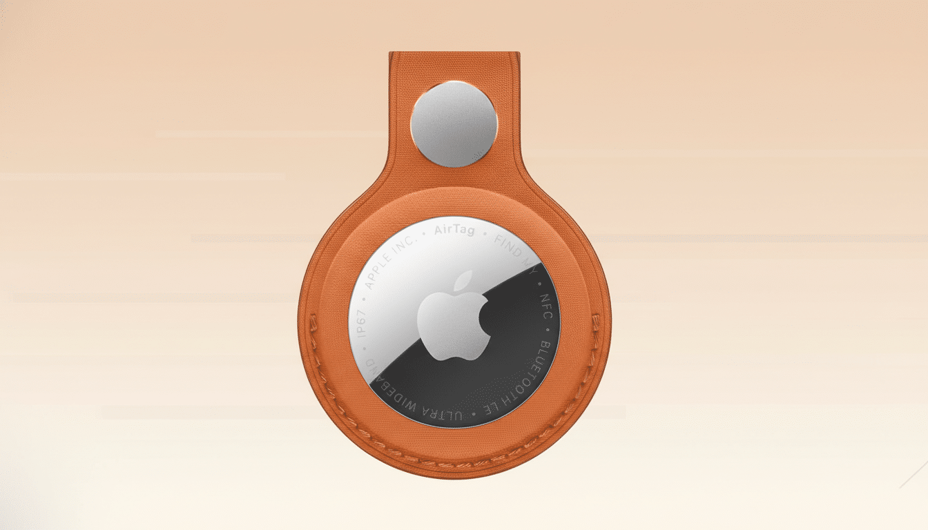 An Apple AirTag in an orange leather loop, presented on a professional flat design background with soft patterns and gradients.