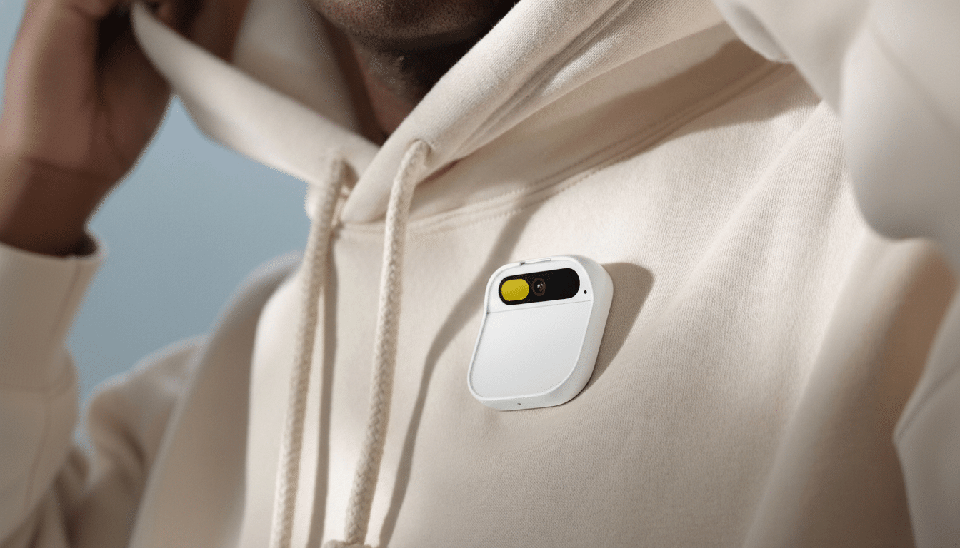 A person wearing a beige hoodie with a small, white rectangular device clipped to the chest, featuring a yellow button and a camera lens.