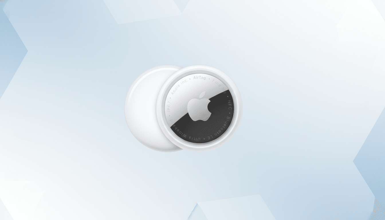 An Apple AirTag on a professional flat design background with soft blue and white patterns.