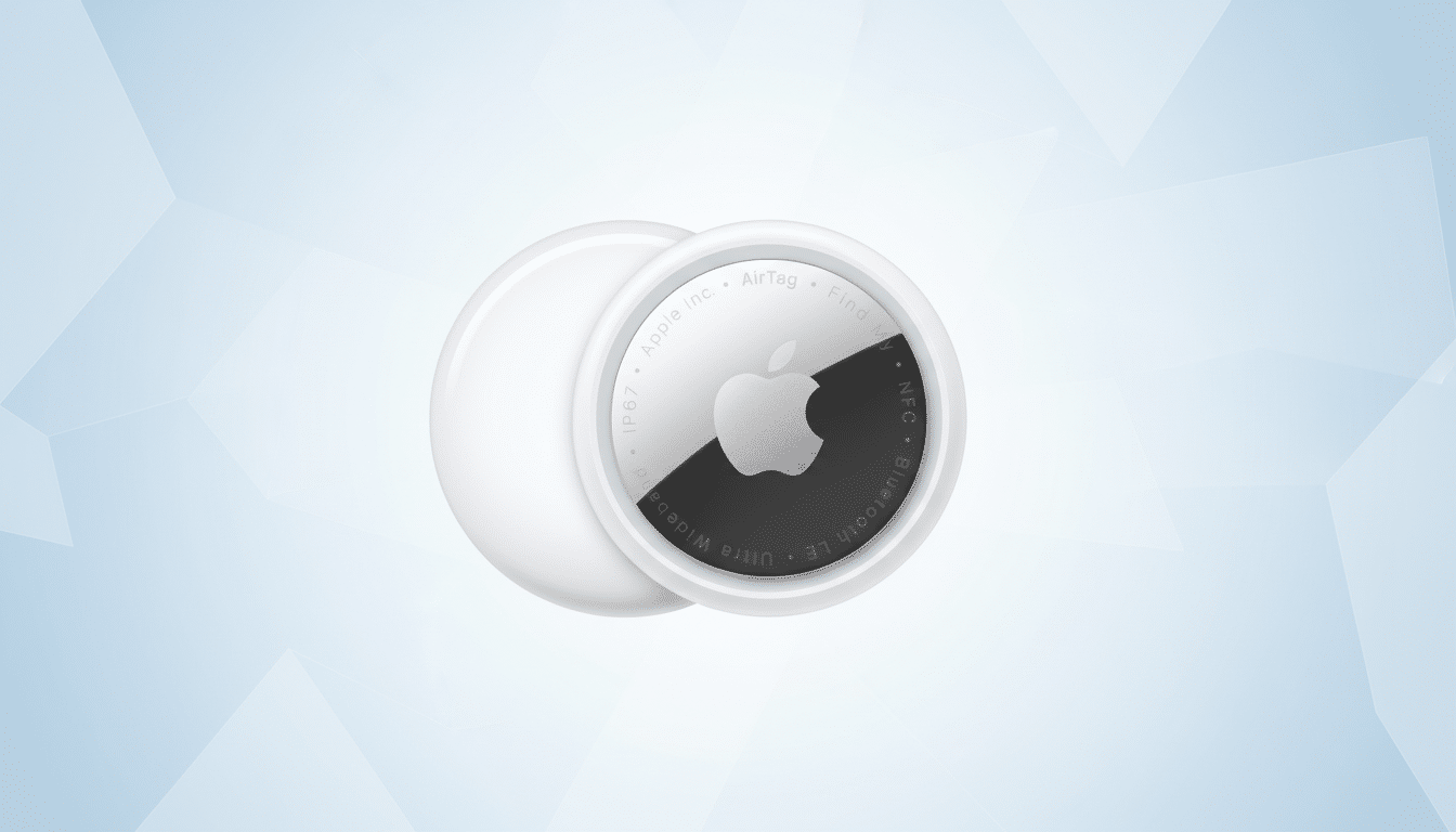 An Apple AirTag on a professional flat design background with soft patterns.