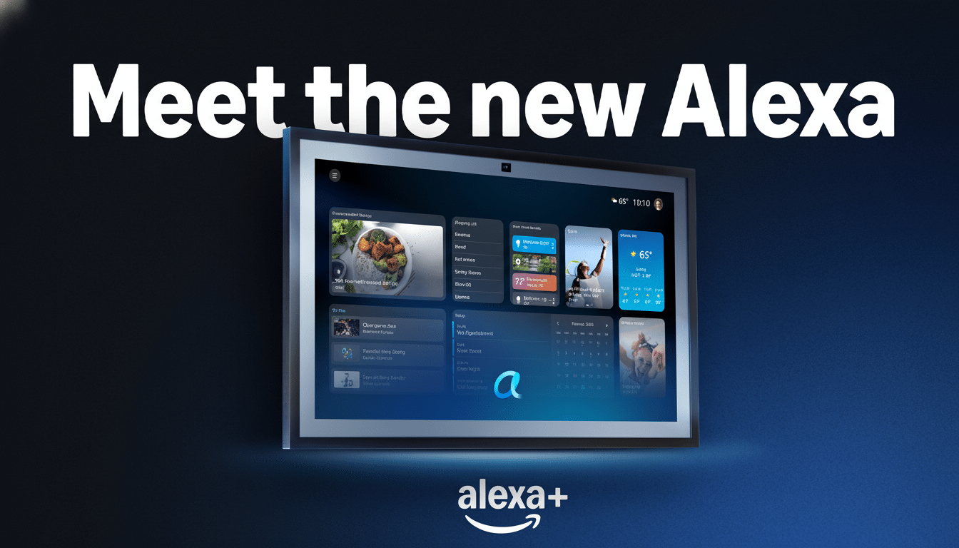 A smart display with the text Meet the new Alexa above it and alexa+ below it.