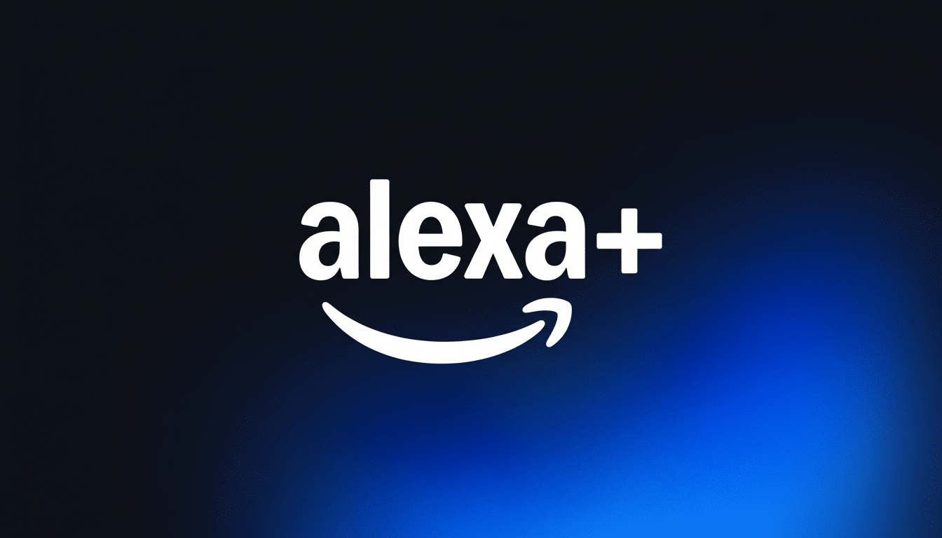 The Alexa+ logo, featuring the word alexa in white lowercase letters followed by a white plus sign, with the Amazon smile logo underneath, all set against a dark blue and black gradient background.