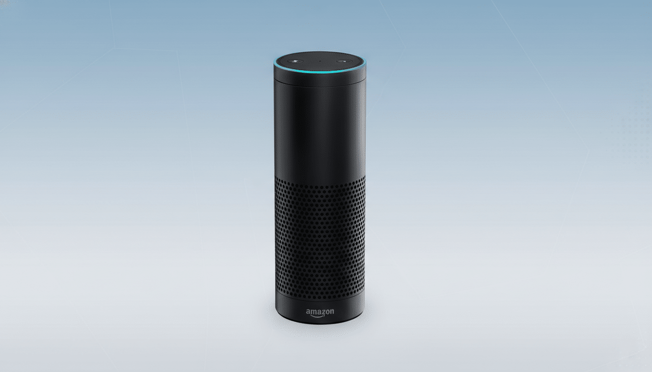 A black Amazon Echo smart speaker with a blue light ring at the top, set against a professional light blue gradient background with subtle geometric patterns.