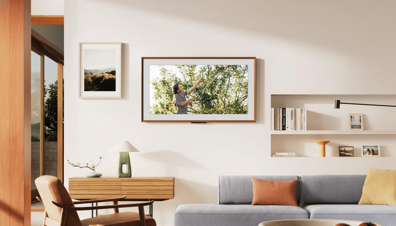 A modern living room with a Samsung Frame TV displaying a woman pruning a tree, set against a minimalist white wall with wooden accents and contemporary furniture.